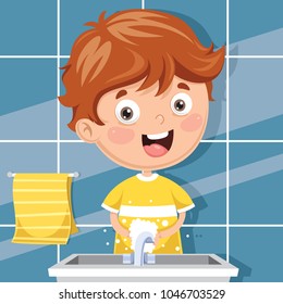 Vector Illustration Of Kid Washing Hands