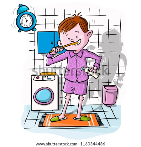 Vector illustration, kid washing teeth, cartoon concept.
