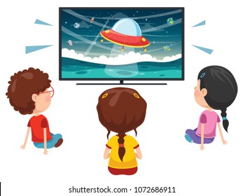 Vector Illustration Of Kid Watching Tv