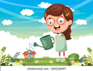 Vector Illustration Of Kid Watering Flowers