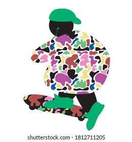 Vector illustration of a kid wearing fashionable clothes on his skateboard, wearing a hat and wearing earbuds.