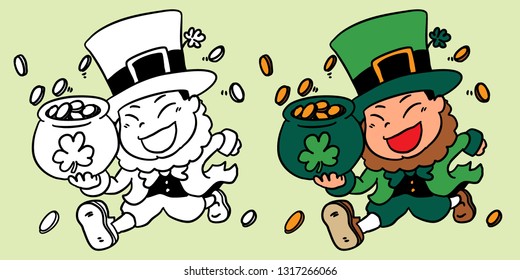 Vector illustration of a kid wearing green costume in St.Patrick's day while holding golden coins pot and running with happy. Both Colored and Black and white version