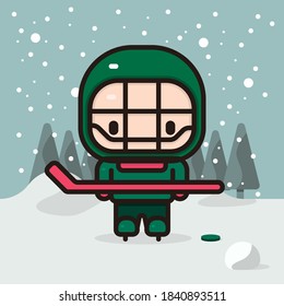 Vector illustration of a kid wearing ski hat, glasses, and board, while holding a pair of ski pole in christmas day during winter snow
