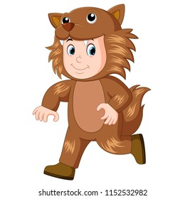 vector illustration of kid wearing a werewolf mask & costume for halloween