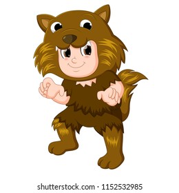 vector illustration of kid wearing a werewolf mask & costume for halloween