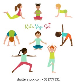 Vector Illustration Of Kid Yoga Collection. Yoga Poses Of Child. Cute Poster.