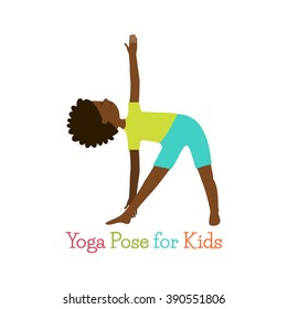 Vector illustration of kid yoga pose poster. Cute kid in yoga pose. Yoga kid pose with arms are spread out to the sides. Isolated on white background. 