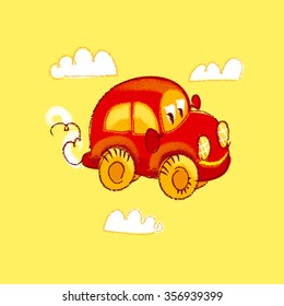 vector illustration of kiddy toy car. travel in the sky