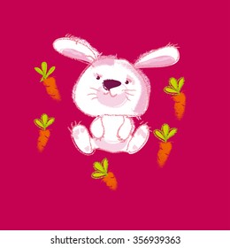 vector illustration of kiddy white sitting bunny. easter rabbit animal sketch with carrot for kids