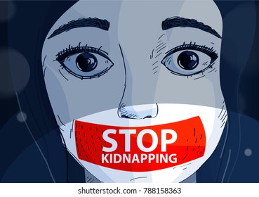 
vector illustration. Kidnapping. Girl whose mouth is taped with tape. 