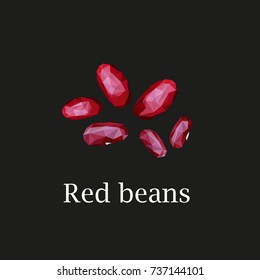 Vector illustration with kidney beans on the black background. Isolated red beans. Polygonal style. Vegan, vegetarian and rawism concept