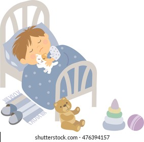 vector illustration kid's activity, a boy sleep in the bed