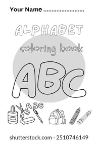 Vector illustration of kids alphabet coloring book page with outlined clip art to color.