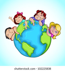 vector illustration of kids around earth showing friendship