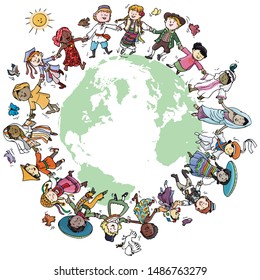 Vector illustration, kids around the globe, cartoon concept.