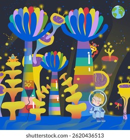 Vector illustration of kids astronaut on a another planet trip across the fantasy galaxy