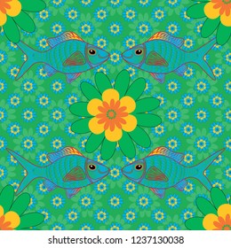 Vector illustration. Kids background. Seamless pattern with fish. Cute fish. Fishes in blue, yellow and green colors.
