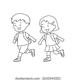 Vector illustration of kids with the backpacks are going to school. School kids line art for coloring page.