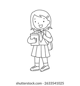 Vector illustration of kids with the backpacks are going to school. School kids line art for coloring page.