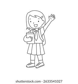Ilustración vectorial de niños con las mochilas van a la escuela. Arte de la línea de los niños de la escuela para colorear.