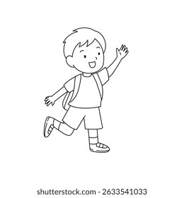 Vector illustration of kids with the backpacks are going to school. School kids line art for coloring page.
