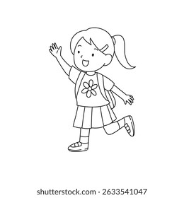 Ilustração vetorial de crianças com as mochilas estão indo para a escola. Arte de linha para colorir.