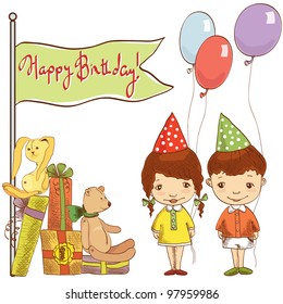 Vector illustration of kids with balloons and presents
