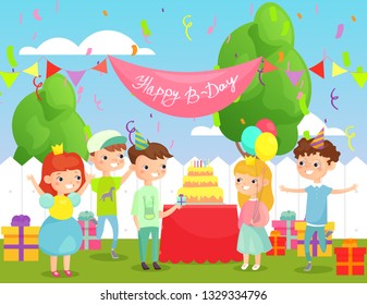 Vector illustration of kids birthday party in the yard with many happy children in bright clothes and decoration, big cake and lot of gifts. Happy girls and boys have fun with friends on birthday