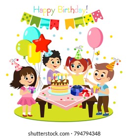 Vector illustration of kids birthday party, colorful and bright decoration, happy children have fun together, girls and boys in flat cartoon style.