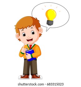 vector illustration of kids boy carrying book cartoon and good idea