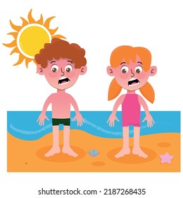 vector illustration kids, boy and girl sick got sunburn on their body in hot summer day.