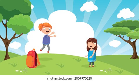 Vector illustration of Kids. Boys and girls playing and jump on a bright lawn