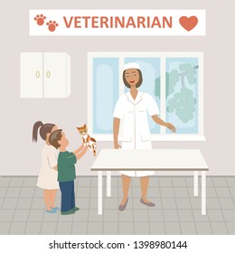 Vector illustration of kids bringin kitten to veterinarian