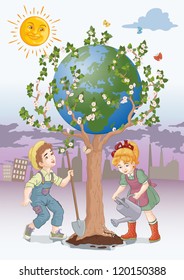 Vector illustration, kids building a new world, card concept.