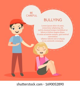 Vector illustration of kids bullying. Aggressive school children conflict in flat style. Feminism, schoolchildren, teasing boy and crying girl cartoon characters.