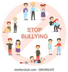 Vector illustration of kids bullying set. Collection of aggressive school children conflicts in flat style. Feminism, schoolchildren, teasing boy and crying girl cartoon characters