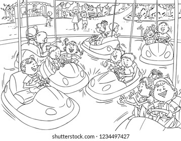 Vector illustration, kids in bumper cars, coloring drawing, cartoon concept.