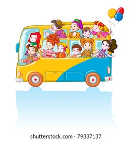 Vector illustration, kids in bus, cartoon concept, white background.