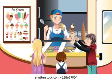 A vector illustration kids buying ice cream at an ice cream truck