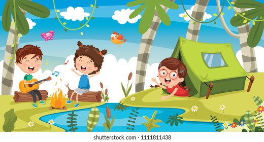 Vector Illustration Of Kids Camping