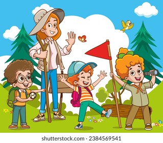 Vector Illustration Of Kids Camping and trekking