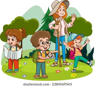 Vector Illustration Of Kids Camping and trekking