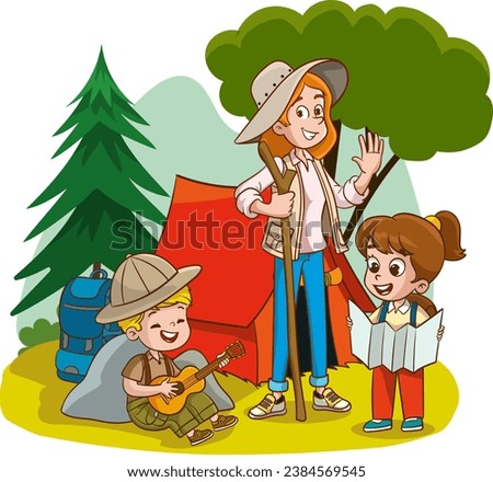Vector Illustration Of Kids Camping and trekking