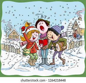 Vector illustration, kids caroling, cartoon concept.