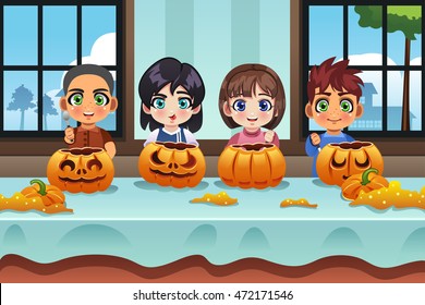 A vector illustration of kids carving pumpkin together at home