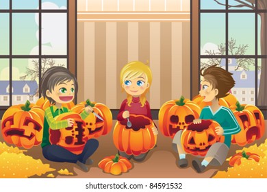 A vector illustration of kids carving pumpkins together at home