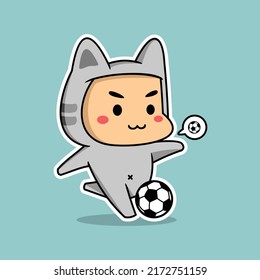 vector illustration of kids in cat costumes playing soccer