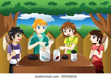 A vector illustration of kids catching bugs and put them in a jar