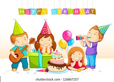 vector illustration of kids celebrating Birthday with gift and cake