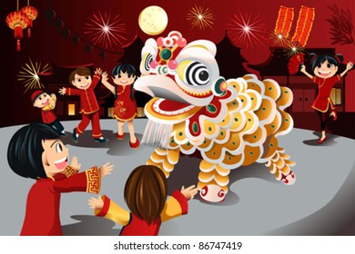 A vector illustration of kids celebrating Chinese New Year